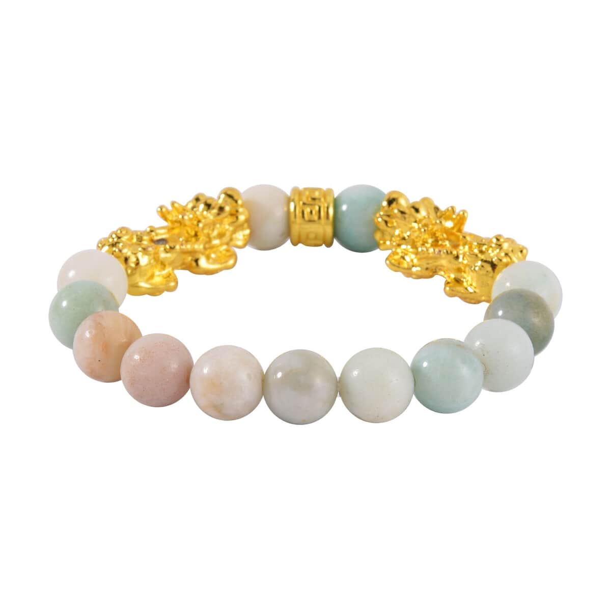 Multi Color Amazonite Pixiu Earrings and Feng Shui Stretch Bracelet in Goldtone 146.00 ctw image number 3