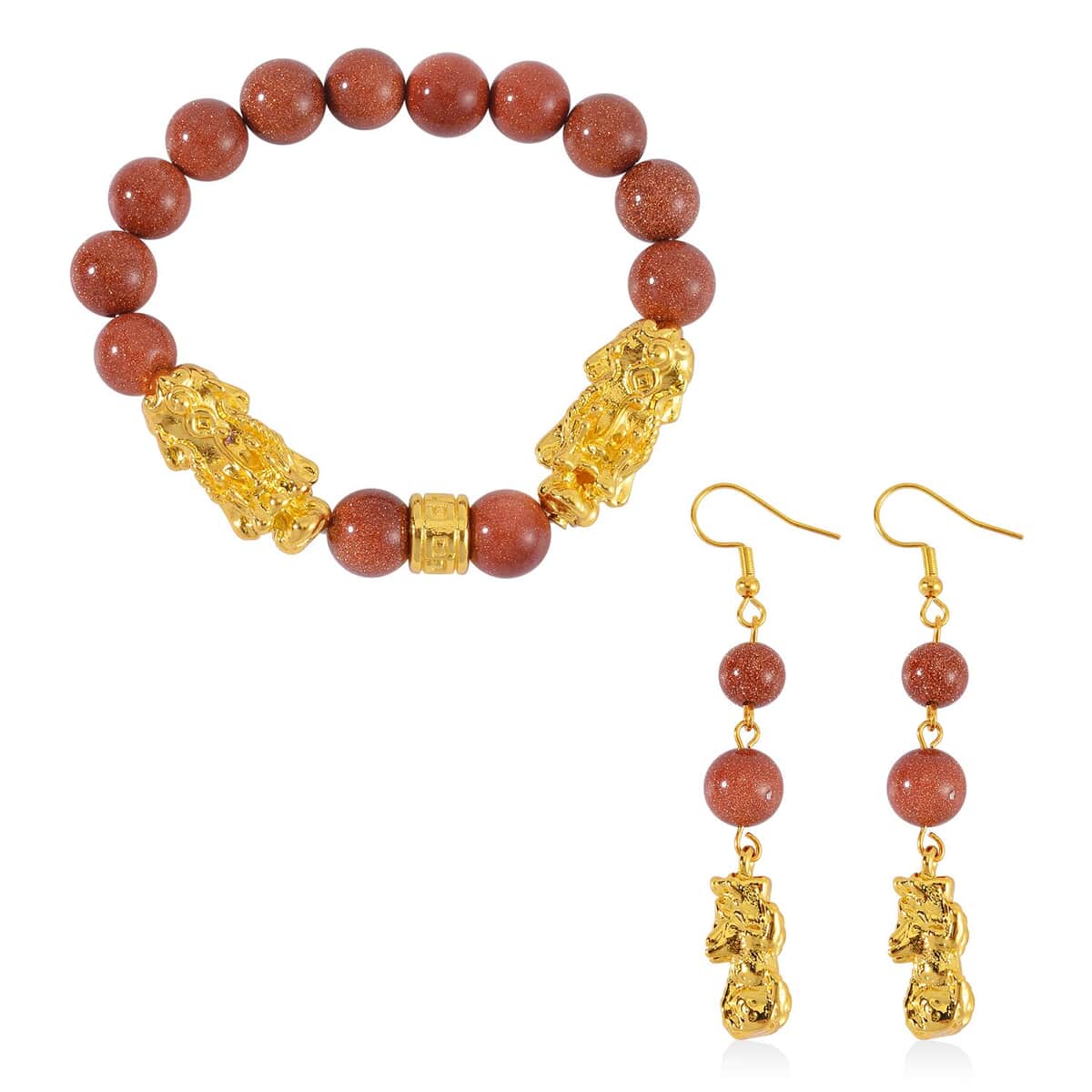 Gold Sandstone Pixiu Earrings and Feng Shui Stretch Bracelet in Goldtone 146.00 ctw image number 0