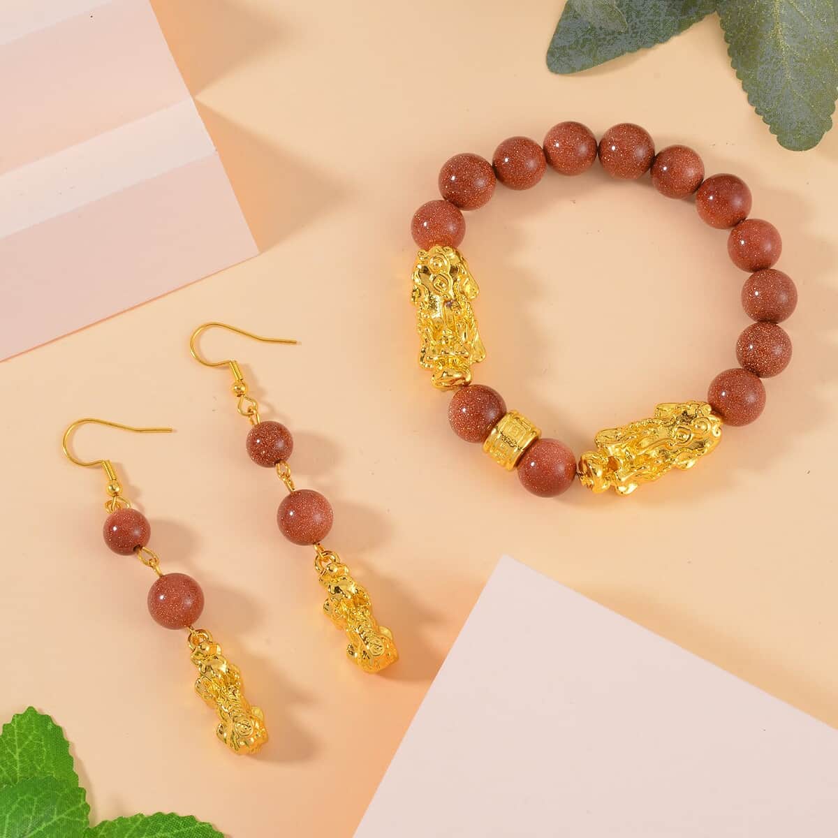 Gold Sandstone Pixiu Earrings and Feng Shui Stretch Bracelet in Goldtone 146.00 ctw image number 1