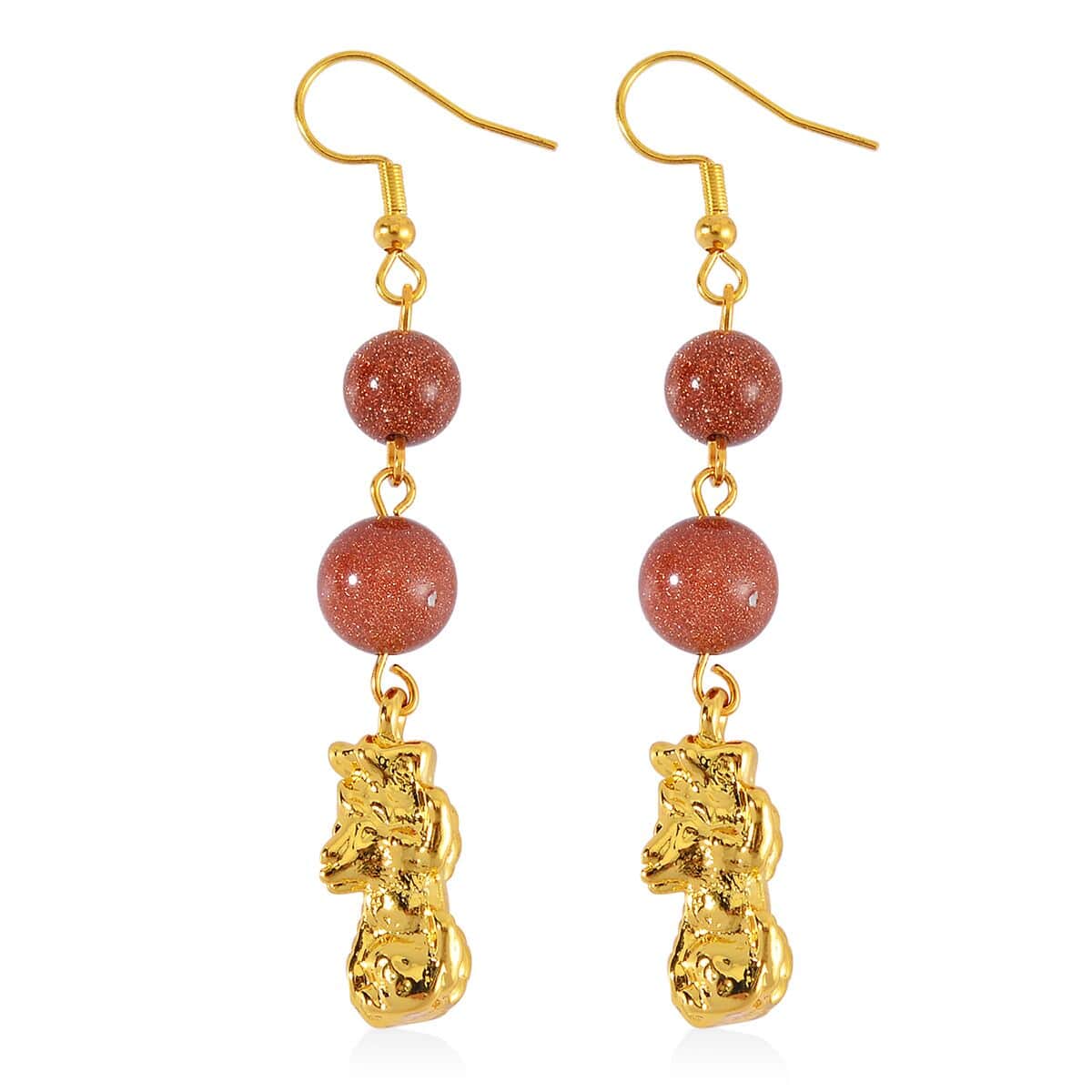 Gold Sandstone Pixiu Earrings and Feng Shui Stretch Bracelet in Goldtone 146.00 ctw image number 6