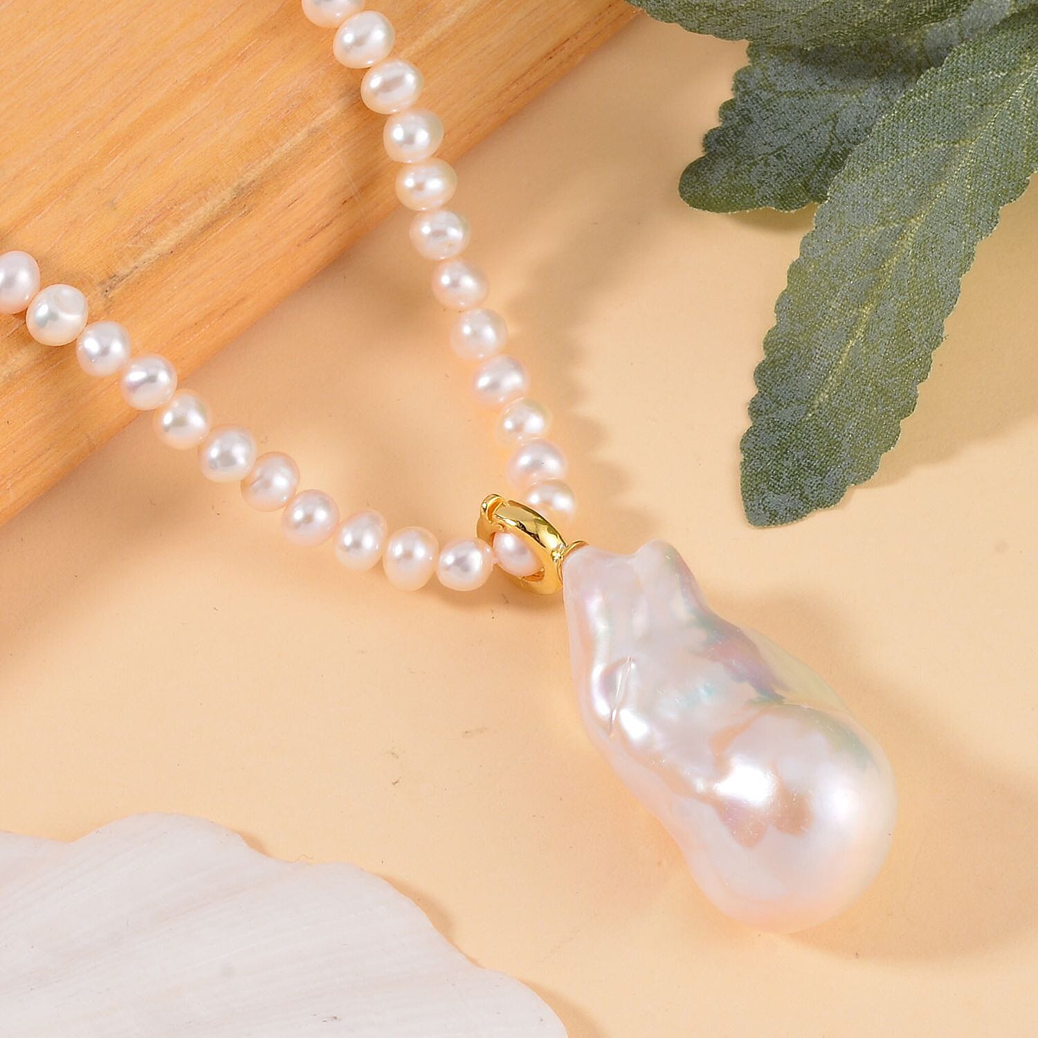 White Baroque Pearl Pendant with Freshwater Cultured Pearl Necklace in 14K YG Over Sterling Silver (20 Inches)