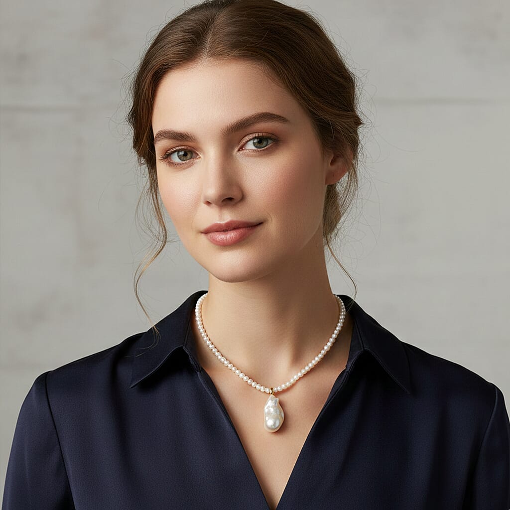 White Baroque Pearl Pendant with Freshwater Cultured Pearl Necklace in 14K YG Over Sterling Silver (20 Inches)