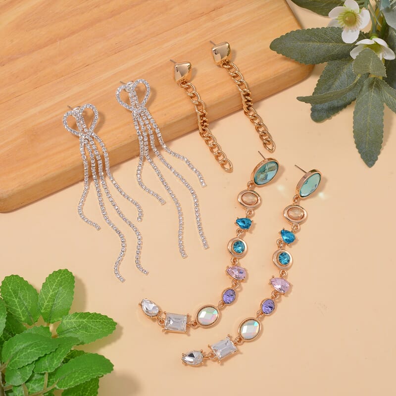 Set of 3 Multi Color Glass, Austrian Crystal Earrings in Silvertone, Rosetone, Goldtone