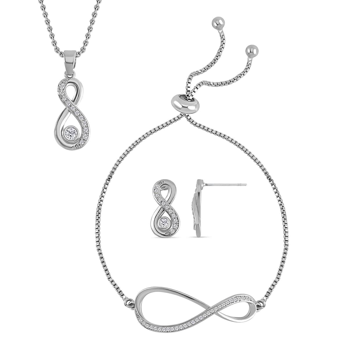 Simulated Diamond Infinity Necklace 20-22 Inches, Bolo Bracelet and Earrings in Silvertone 0.50 ctw image number 0