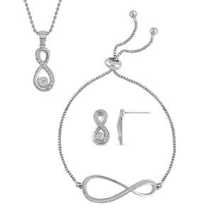 Simulated Diamond Infinity Necklace 20-22 Inches, Bolo Bracelet and Earrings in Silvertone 0.50 ctw