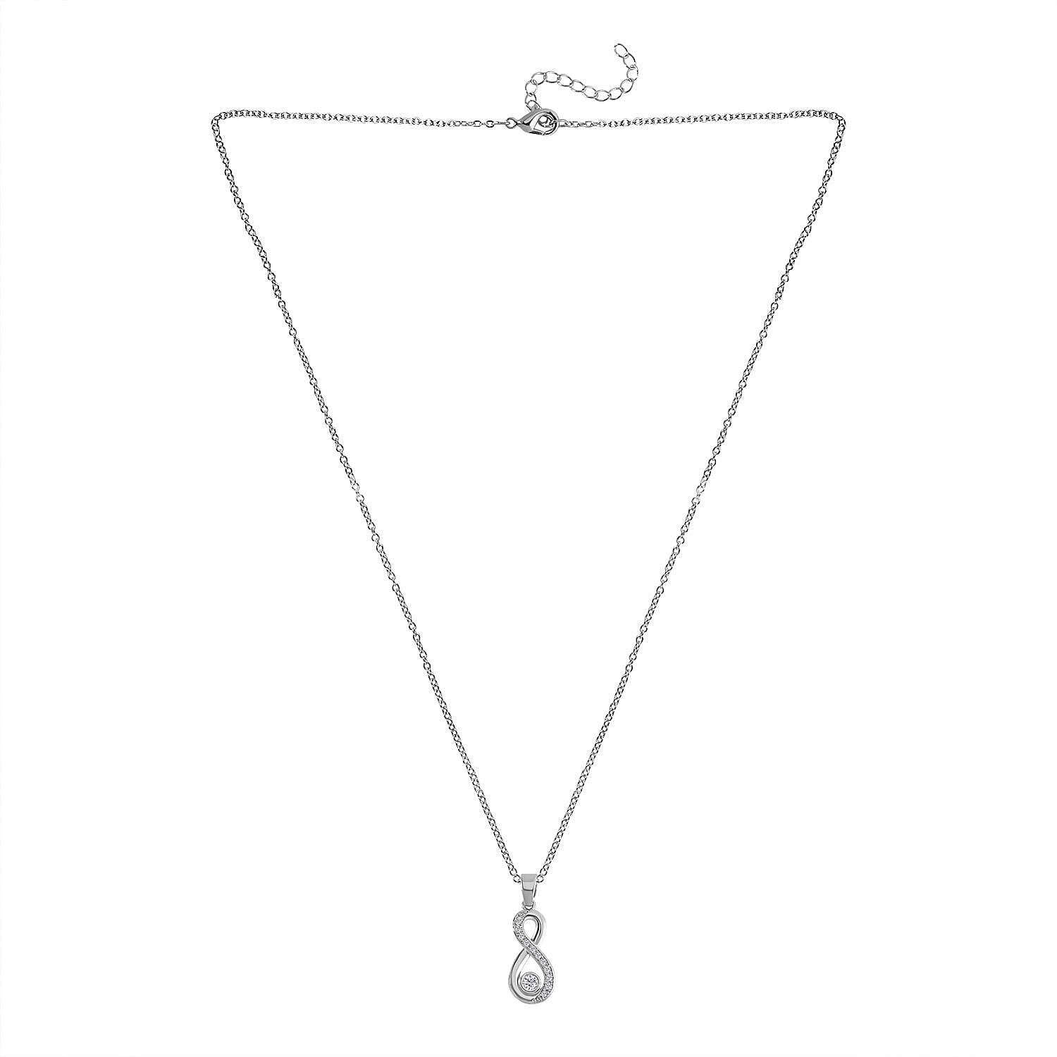 Simulated Diamond Infinity Necklace 20-22 Inches, Bolo Bracelet and Earrings in Silvertone 0.50 ctw