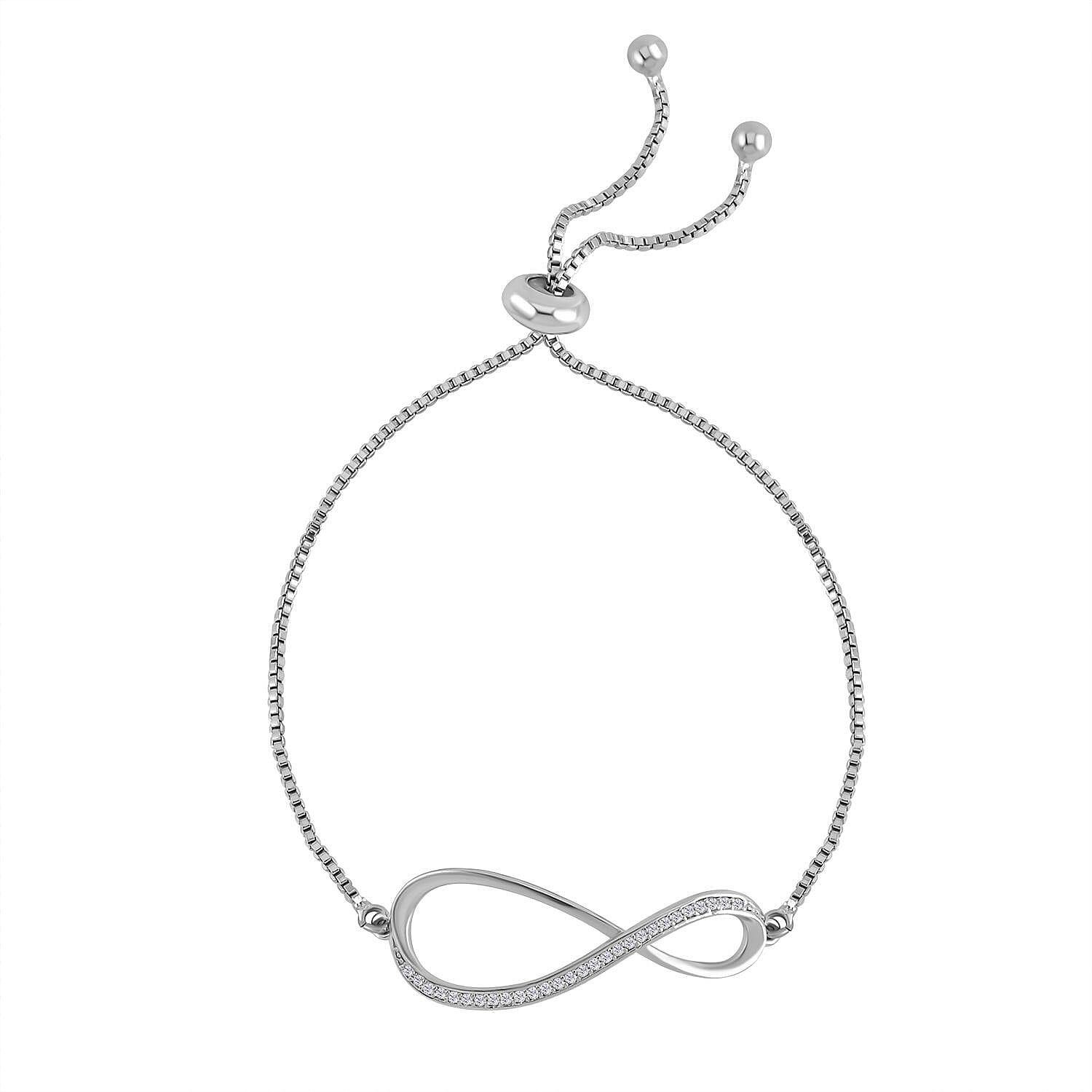 Simulated Diamond Infinity Necklace 20-22 Inches, Bolo Bracelet and Earrings in Silvertone 0.50 ctw
