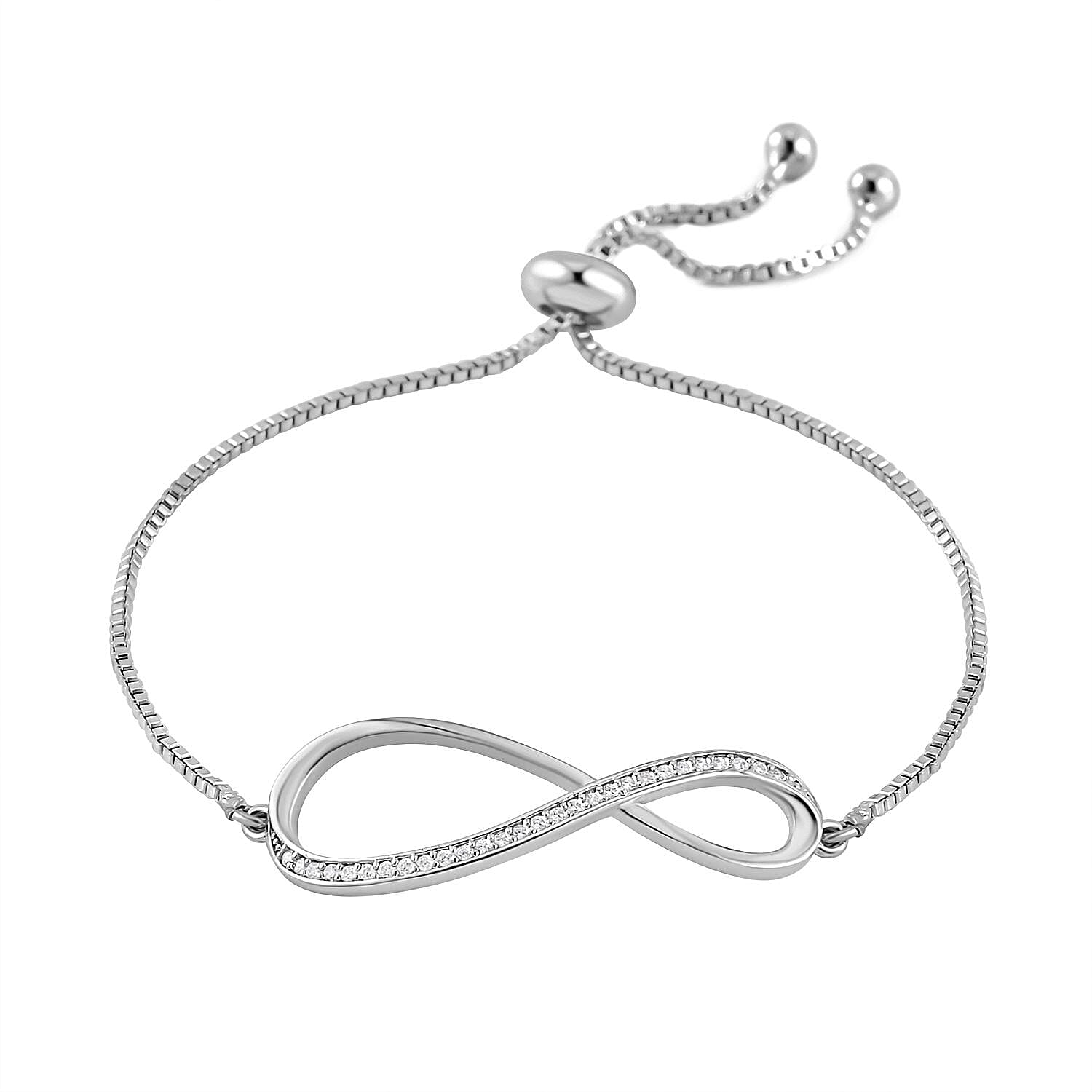 Simulated Diamond Infinity Necklace 20-22 Inches, Bolo Bracelet and Earrings in Silvertone 0.50 ctw