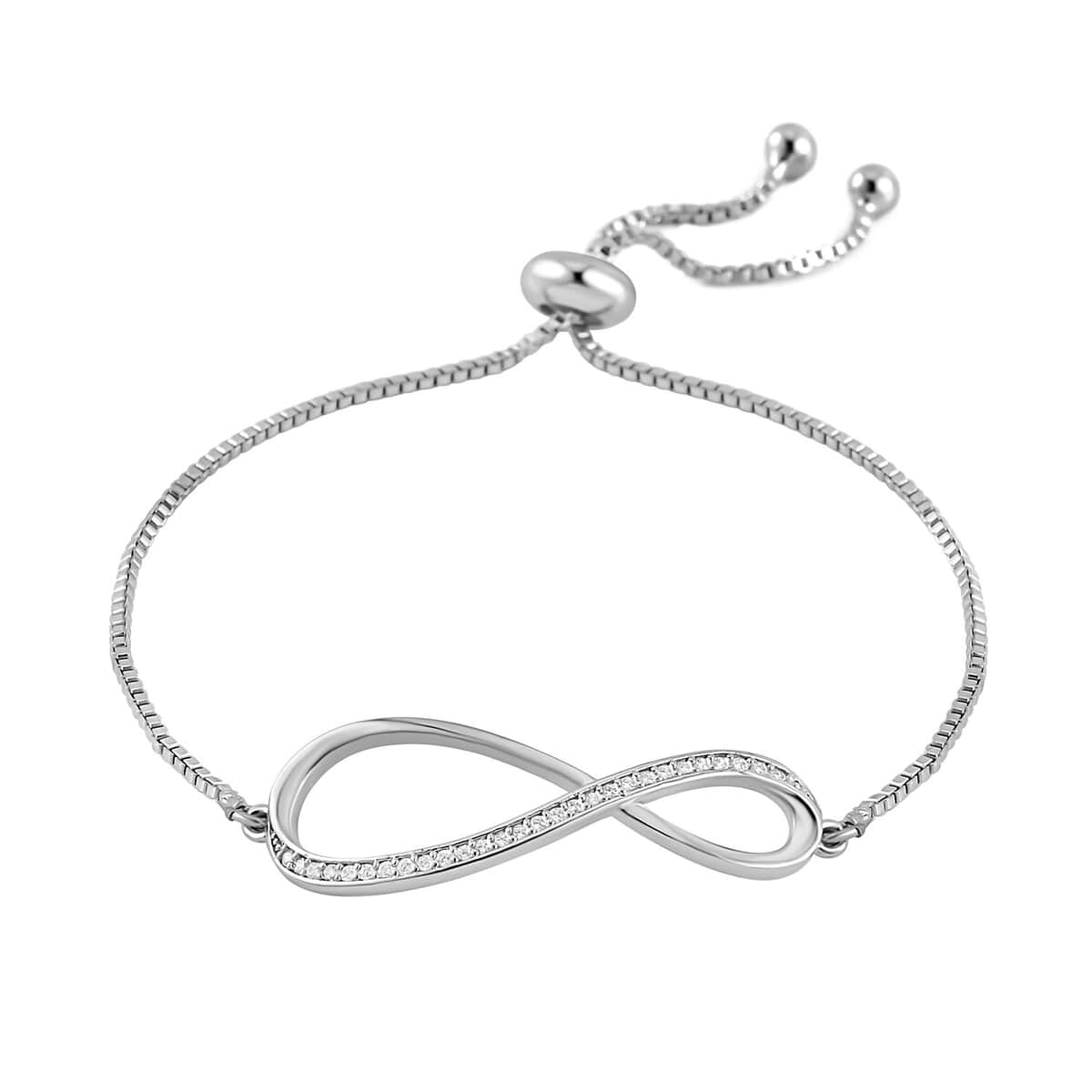 Simulated Diamond Infinity Necklace 20-22 Inches, Bolo Bracelet and Earrings in Silvertone 0.50 ctw image number 6