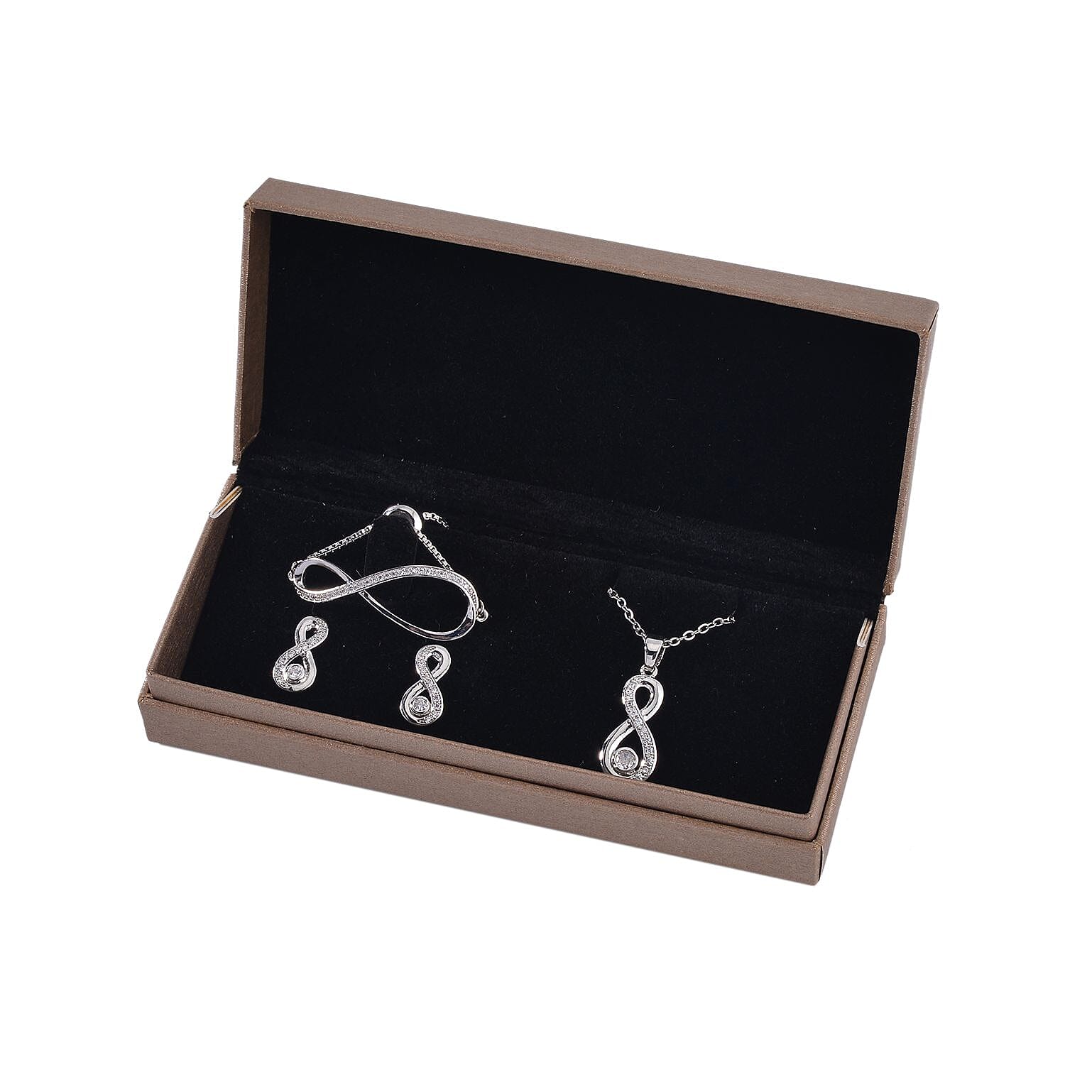 Simulated Diamond Infinity Necklace 20-22 Inches, Bolo Bracelet and Earrings in Silvertone 0.50 ctw