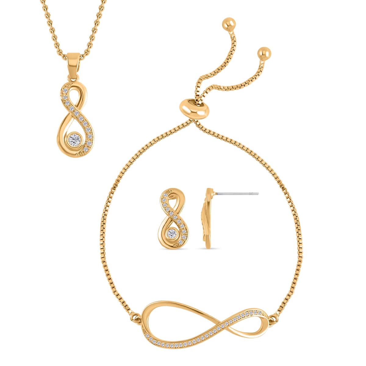 Simulated Diamond Infinity Necklace 20-22 Inches Bolo Bracelet and Earrings in Goldtone 0.50 ctw image number 0