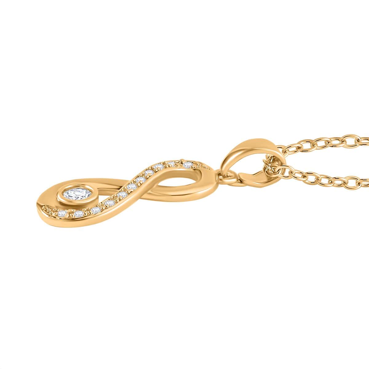 Simulated Diamond Infinity Necklace 20-22 Inches Bolo Bracelet and Earrings in Goldtone 0.50 ctw image number 3