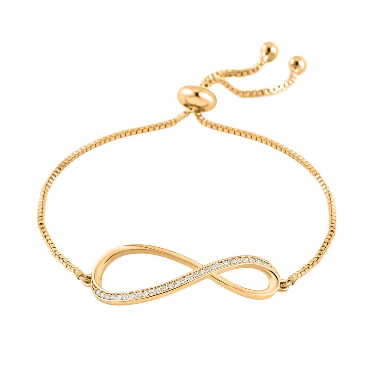 Simulated Diamond Infinity Necklace 20-22 Inches Bolo Bracelet and Earrings in Goldtone 0.50 ctw image number 6