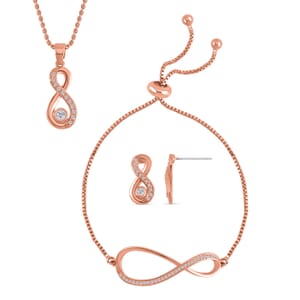 Simulated Diamond Infinity Necklace 20-22 Inches Bolo Bracelet and Earrings in Rosetone 0.50 ctw