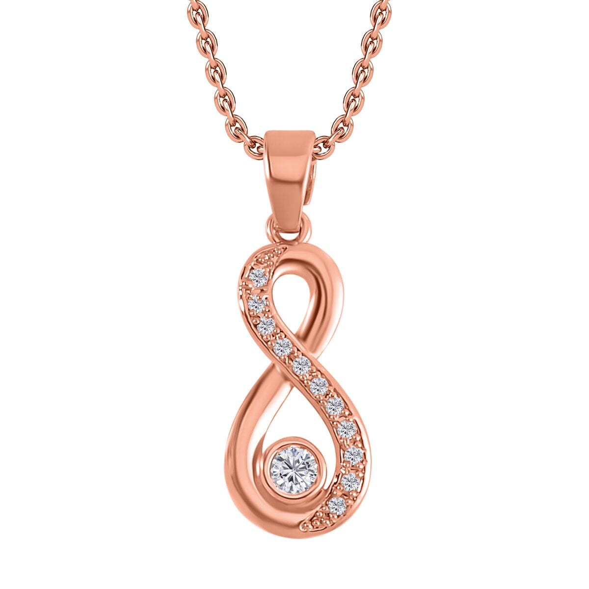 Simulated Diamond Infinity Necklace 20-22 Inches Bolo Bracelet and Earrings in Rosetone 0.50 ctw image number 2