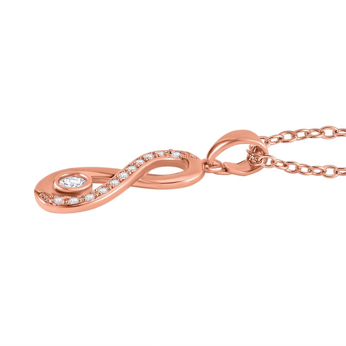 Simulated Diamond Infinity Necklace 20-22 Inches Bolo Bracelet and Earrings in Rosetone 0.50 ctw image number 3