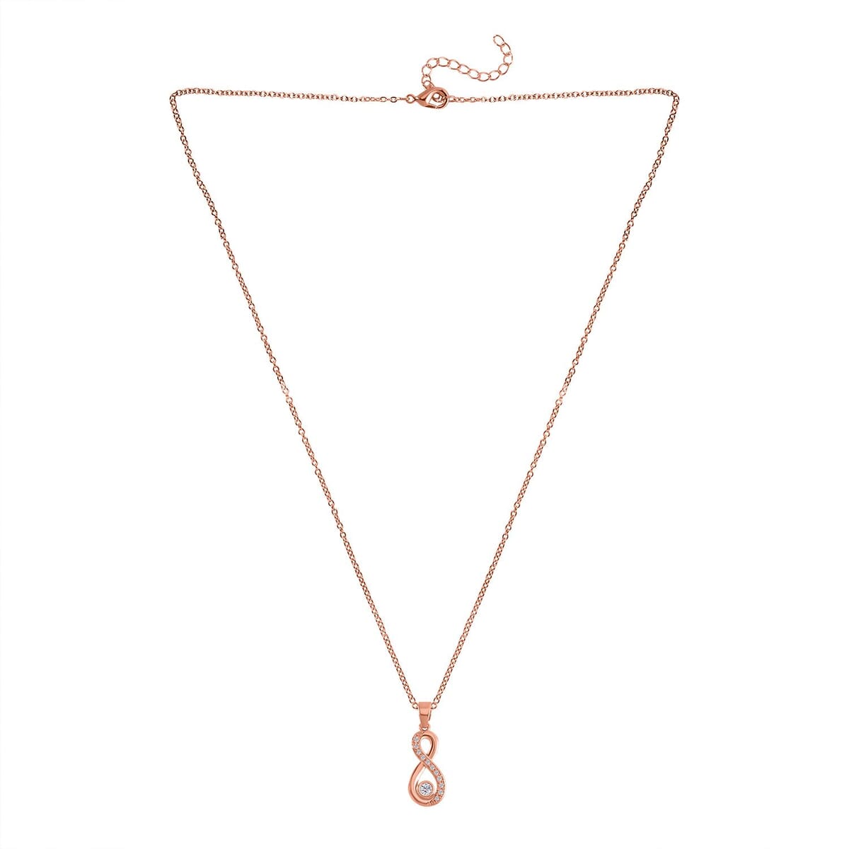 Simulated Diamond Infinity Necklace 20-22 Inches Bolo Bracelet and Earrings in Rosetone 0.50 ctw image number 4