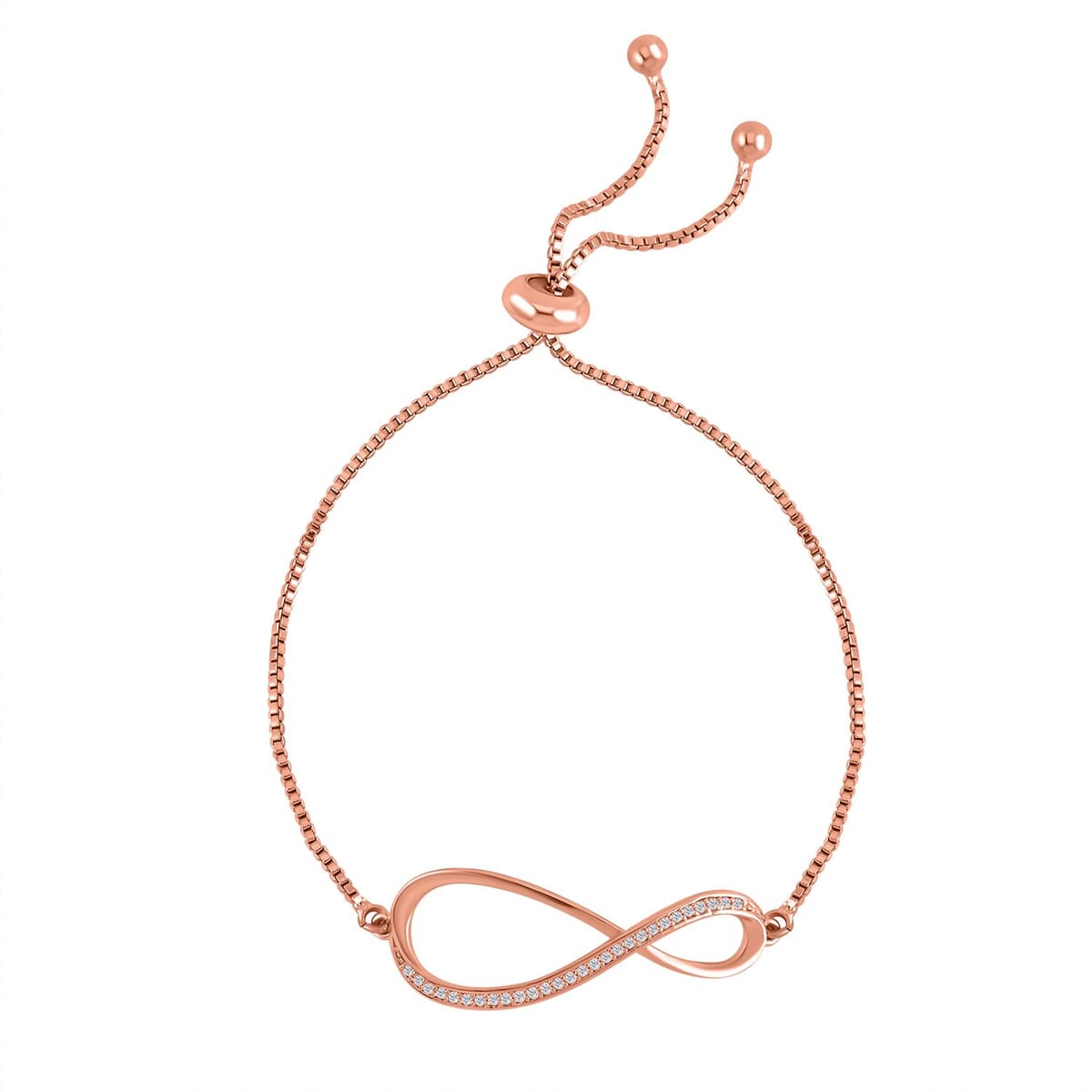 Simulated Diamond Infinity Necklace 20-22 Inches Bolo Bracelet and Earrings in Rosetone 0.50 ctw image number 5