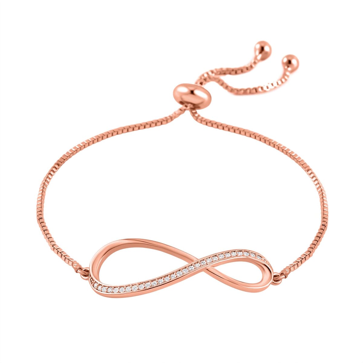 Simulated Diamond Infinity Necklace 20-22 Inches Bolo Bracelet and Earrings in Rosetone 0.50 ctw image number 6