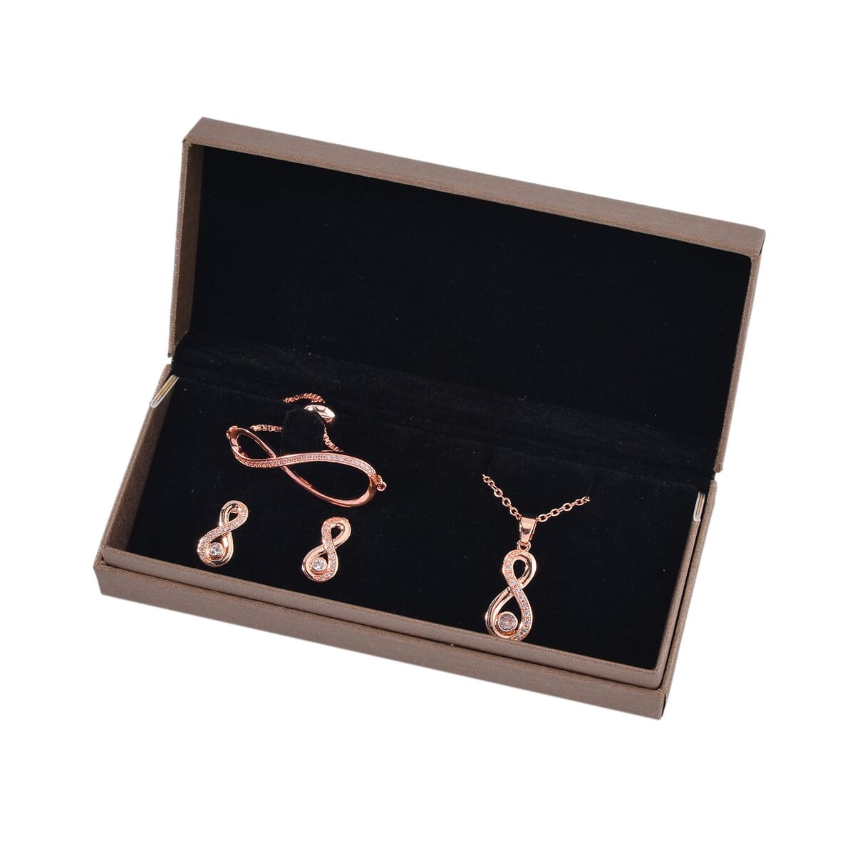 Simulated Diamond Infinity Necklace 20-22 Inches Bolo Bracelet and Earrings in Rosetone 0.50 ctw image number 9