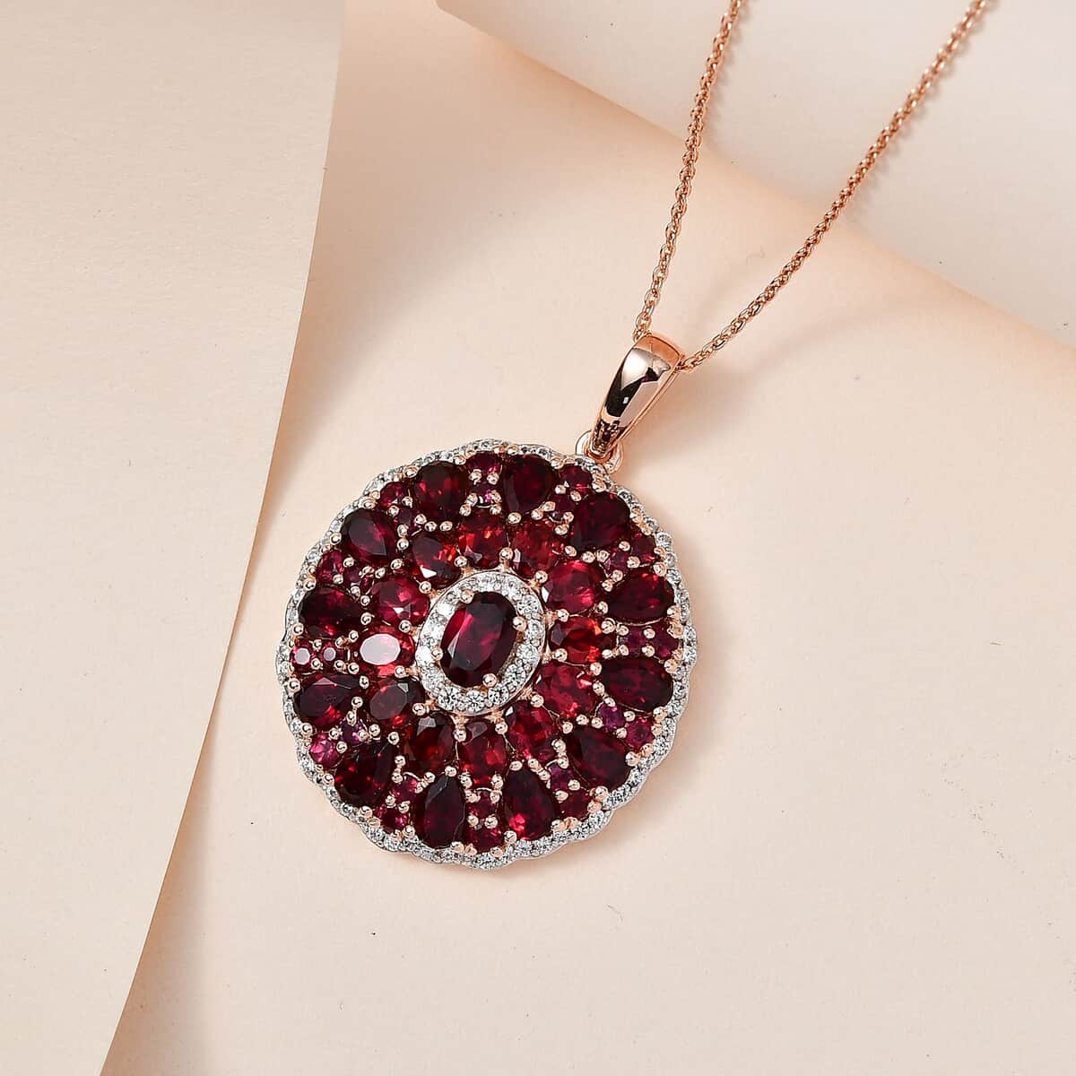 Anthill Garnet and White Zircon Cocktail Pendant Necklace 20 Inches in Vermeil Rose Gold Over Sterling Silver 7.85 ctw image number 1