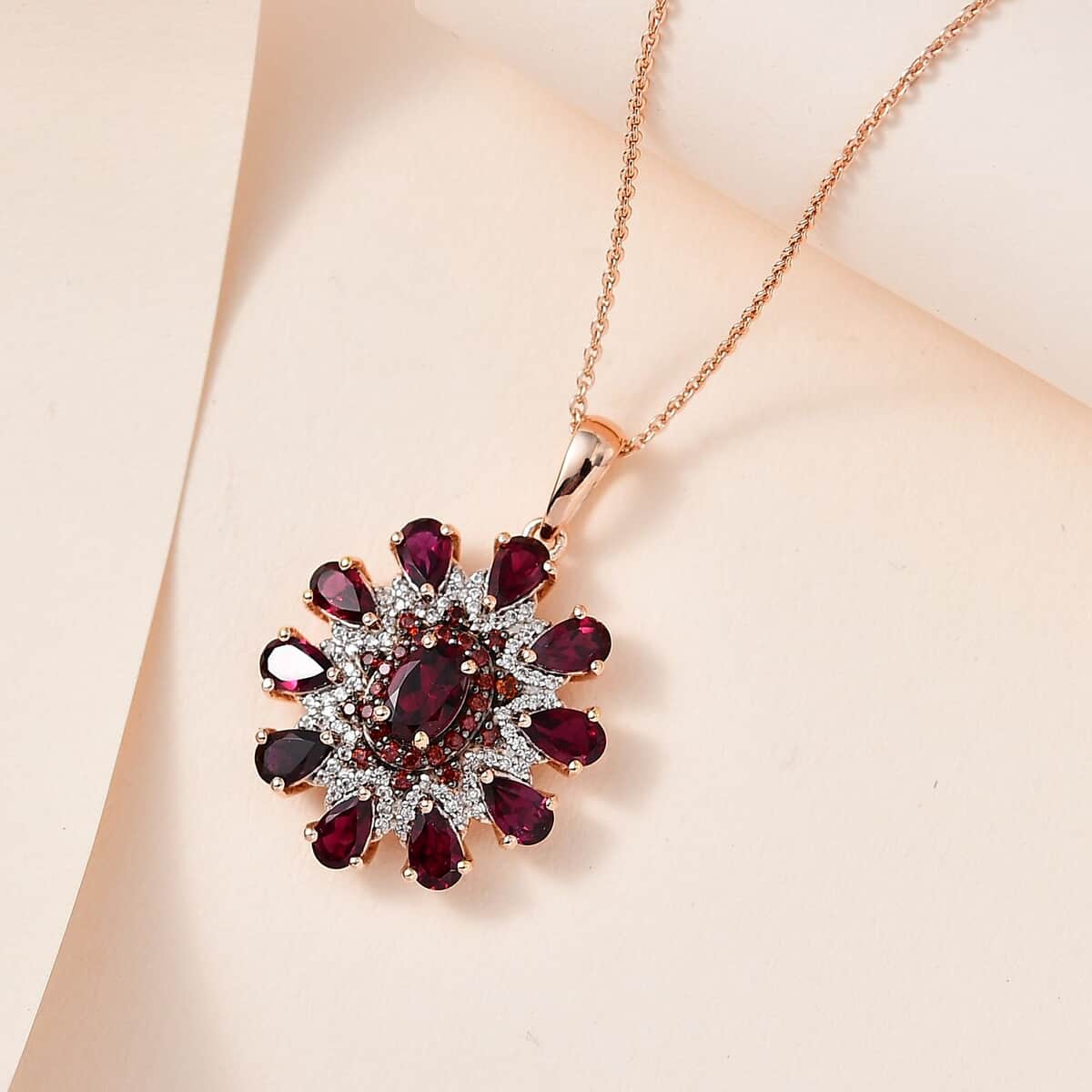 Anthill Garnet, White and Coffee Zircon Floral Pendant Necklace 20 Inches in Vermeil Rose Gold Over Sterling Silver 3.60 ctw image number 1