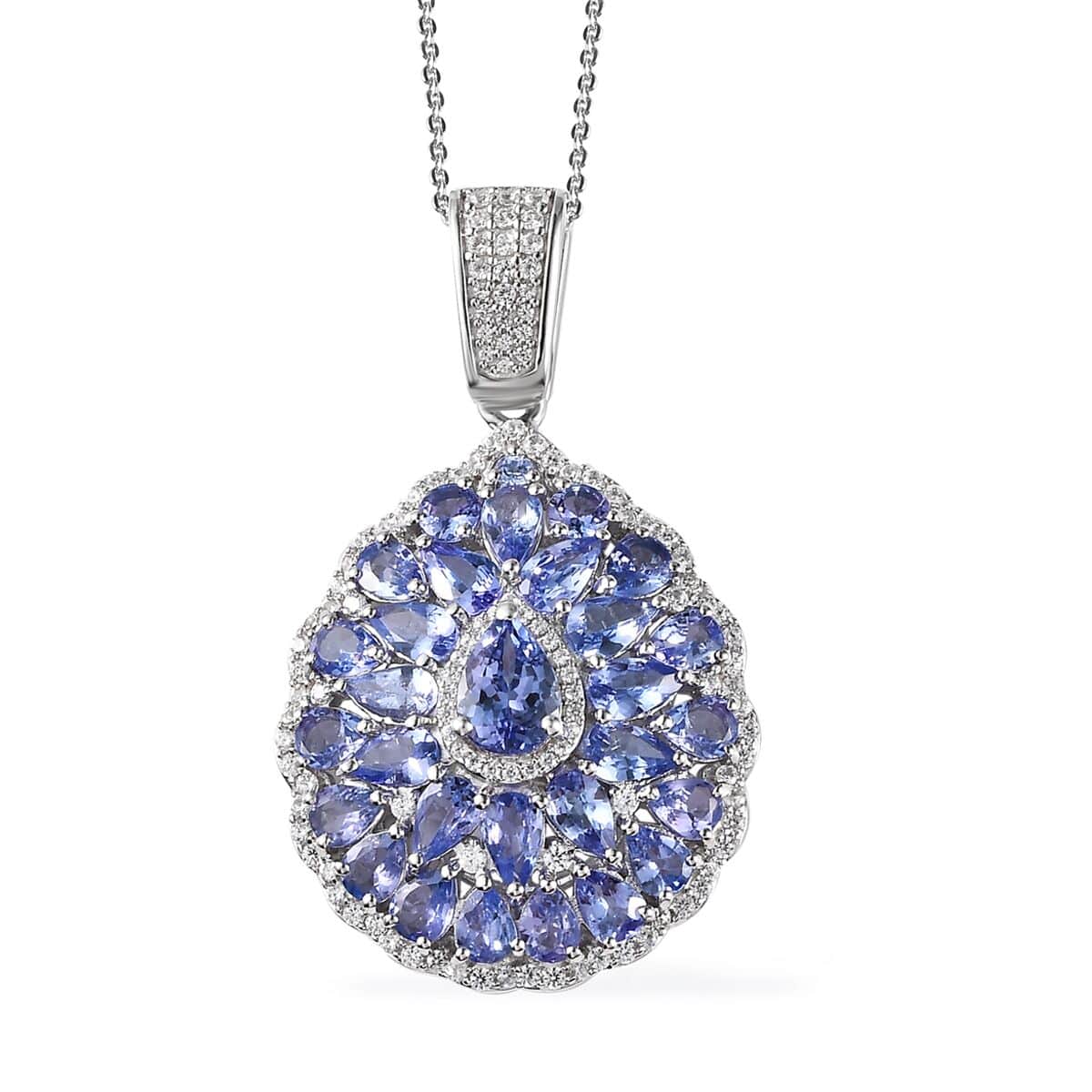 Tanzanite and White Zircon Floral Pendant Necklace 20 Inches in Platinum Over Sterling Silver 6.00 ctw image number 0