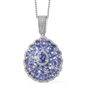 Tanzanite and White Zircon Floral Pendant Necklace 20 Inches in Platinum Over Sterling Silver 6.00 ctw