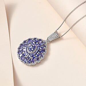 Tanzanite and White Zircon Floral Pendant Necklace 20 Inches in Platinum Over Sterling Silver 6.00 ctw