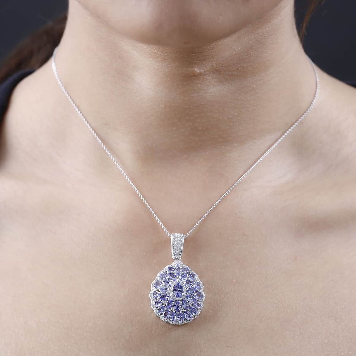 Tanzanite and White Zircon Floral Pendant Necklace 20 Inches in Platinum Over Sterling Silver 6.00 ctw image number 2