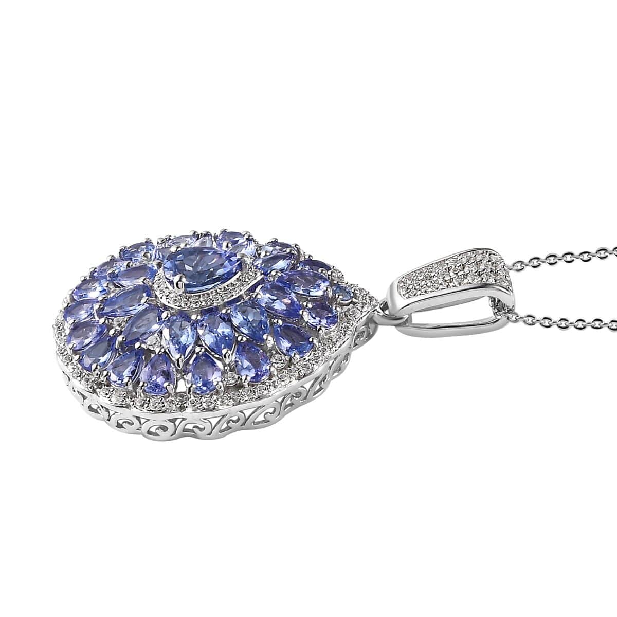 Tanzanite and White Zircon Floral Pendant Necklace 20 Inches in Platinum Over Sterling Silver 6.00 ctw image number 3