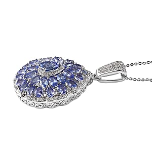 Tanzanite and White Zircon Floral Pendant Necklace 20 Inches in Platinum Over Sterling Silver 6.00 ctw