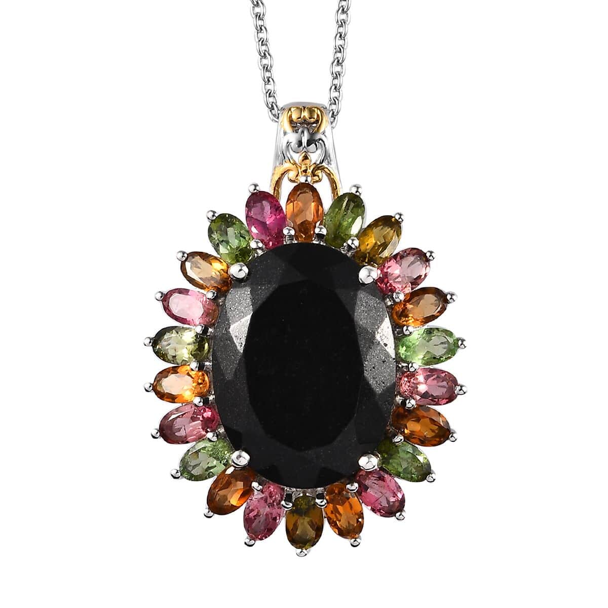 Black Tourmaline and Multi-Tourmaline Floral Pendant Necklace 20 Inches in Vermeil YG and Platinum Over Sterling Silver 22.65 ctw image number 0