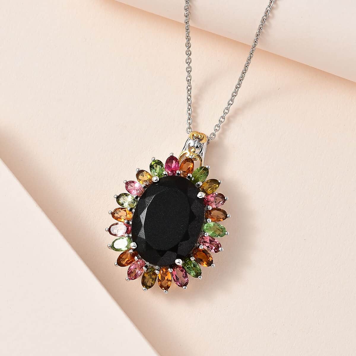 Black Tourmaline and Multi-Tourmaline Floral Pendant Necklace 20 Inches in Vermeil YG and Platinum Over Sterling Silver 22.65 ctw image number 1