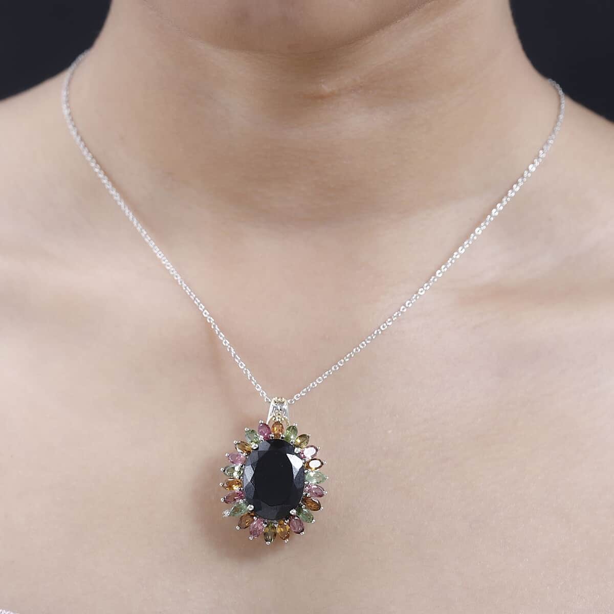 Black Tourmaline and Multi-Tourmaline Floral Pendant Necklace 20 Inches in Vermeil YG and Platinum Over Sterling Silver 22.65 ctw image number 2