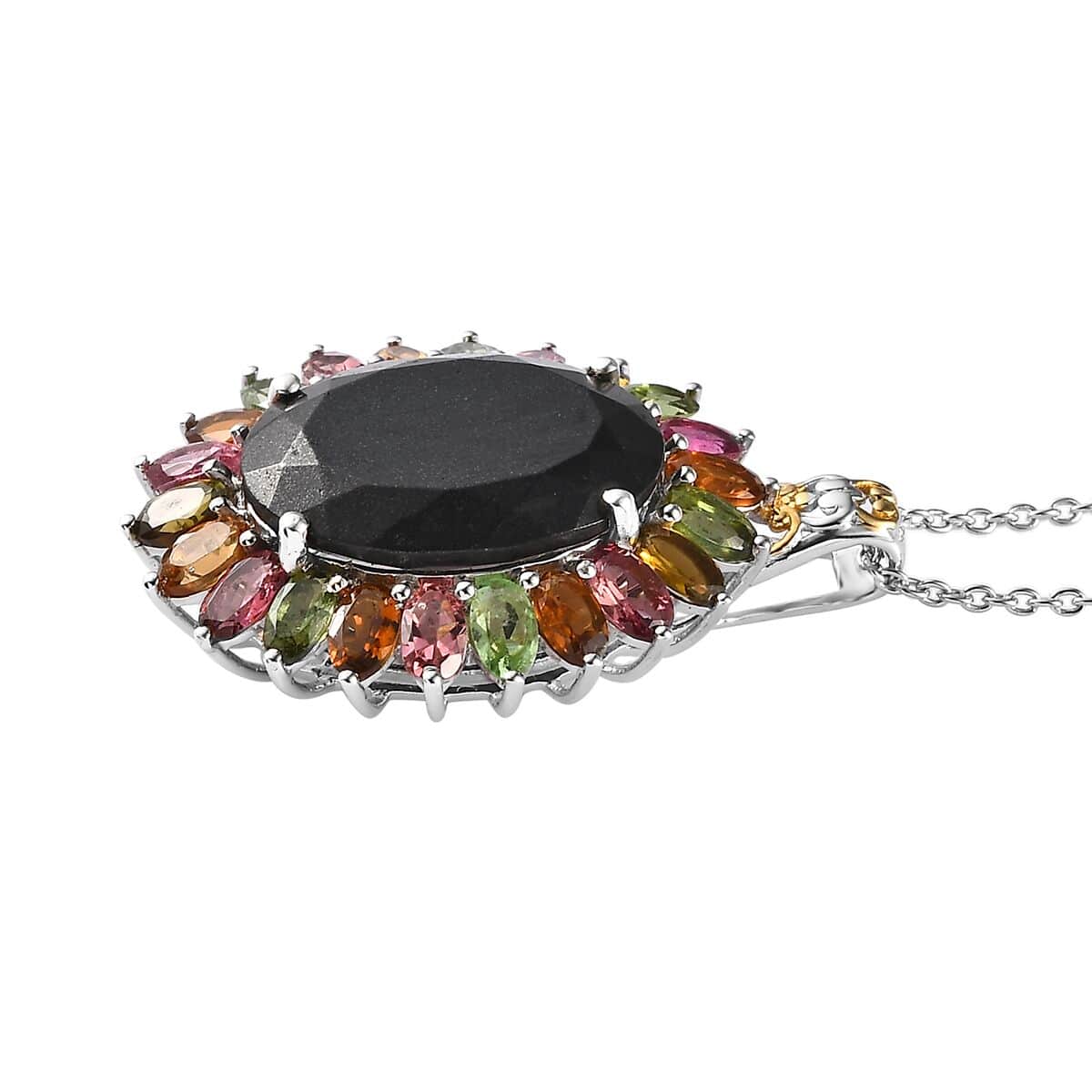 Black Tourmaline and Multi-Tourmaline Floral Pendant Necklace 20 Inches in Vermeil YG and Platinum Over Sterling Silver 22.65 ctw image number 3