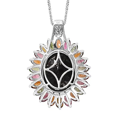 Black Tourmaline and Multi-Tourmaline Floral Pendant Necklace 20 Inches in Vermeil YG and Platinum Over Sterling Silver 22.65 ctw