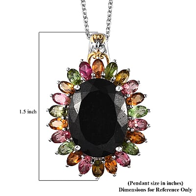 Black Tourmaline and Multi-Tourmaline Floral Pendant Necklace 20 Inches in Vermeil YG and Platinum Over Sterling Silver 22.65 ctw