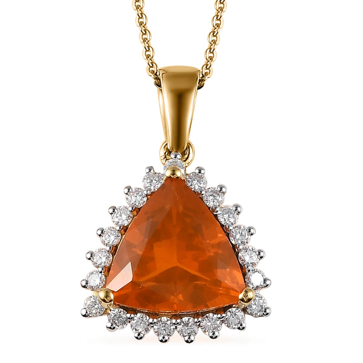 Premium BURITI Fire Opal and Moissanite Halo Pendant Necklace 20 Inches in Vermeil Yellow Gold Over Sterling Silver 3.50 ctw image number 0