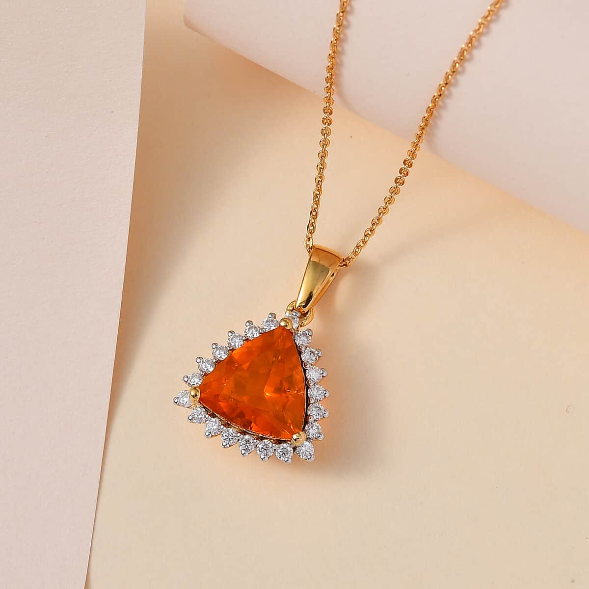 Premium BURITI Fire Opal and Moissanite Halo Pendant Necklace 20 Inches in Vermeil Yellow Gold Over Sterling Silver 3.50 ctw image number 1