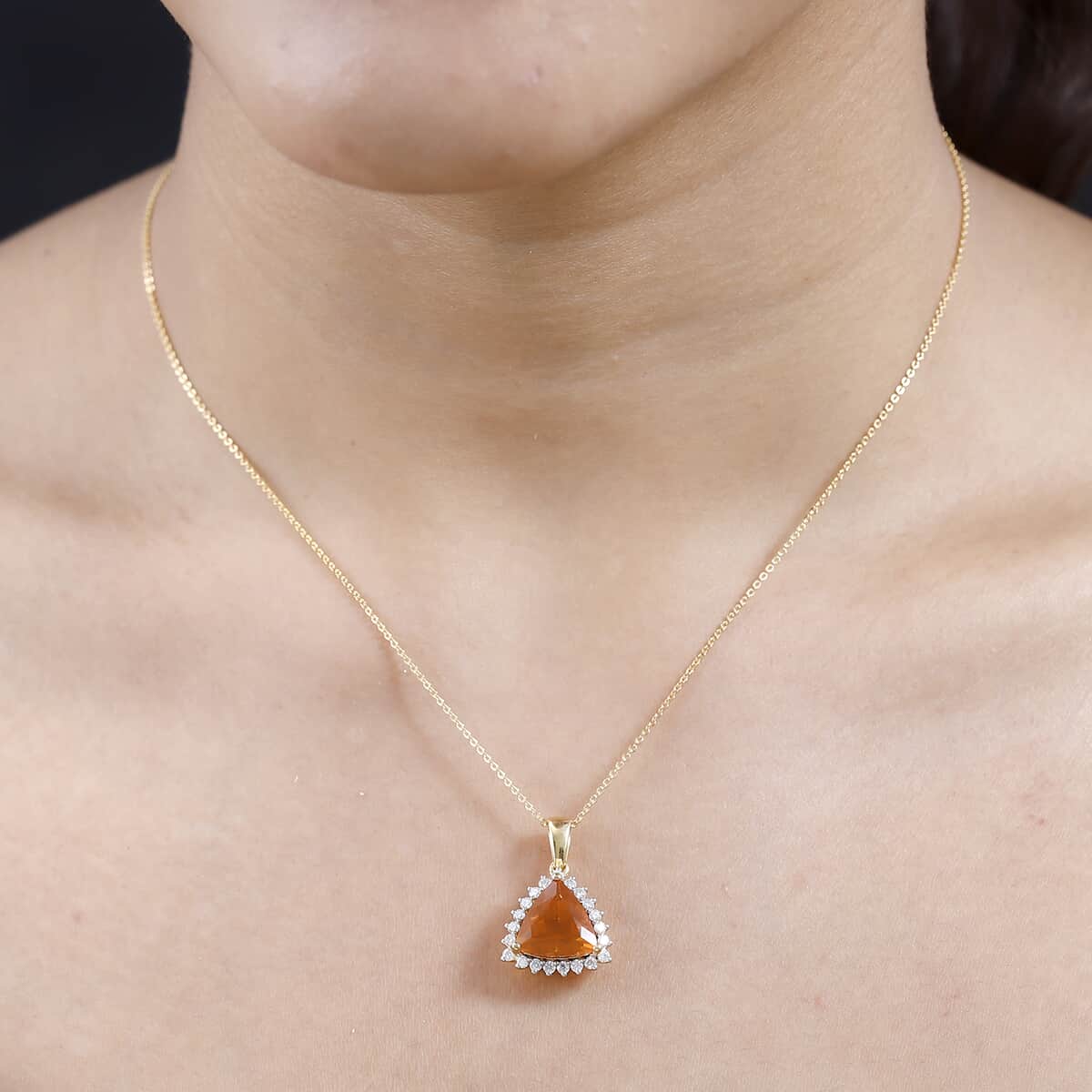 Premium BURITI Fire Opal and Moissanite Halo Pendant Necklace 20 Inches in Vermeil Yellow Gold Over Sterling Silver 3.50 ctw image number 2