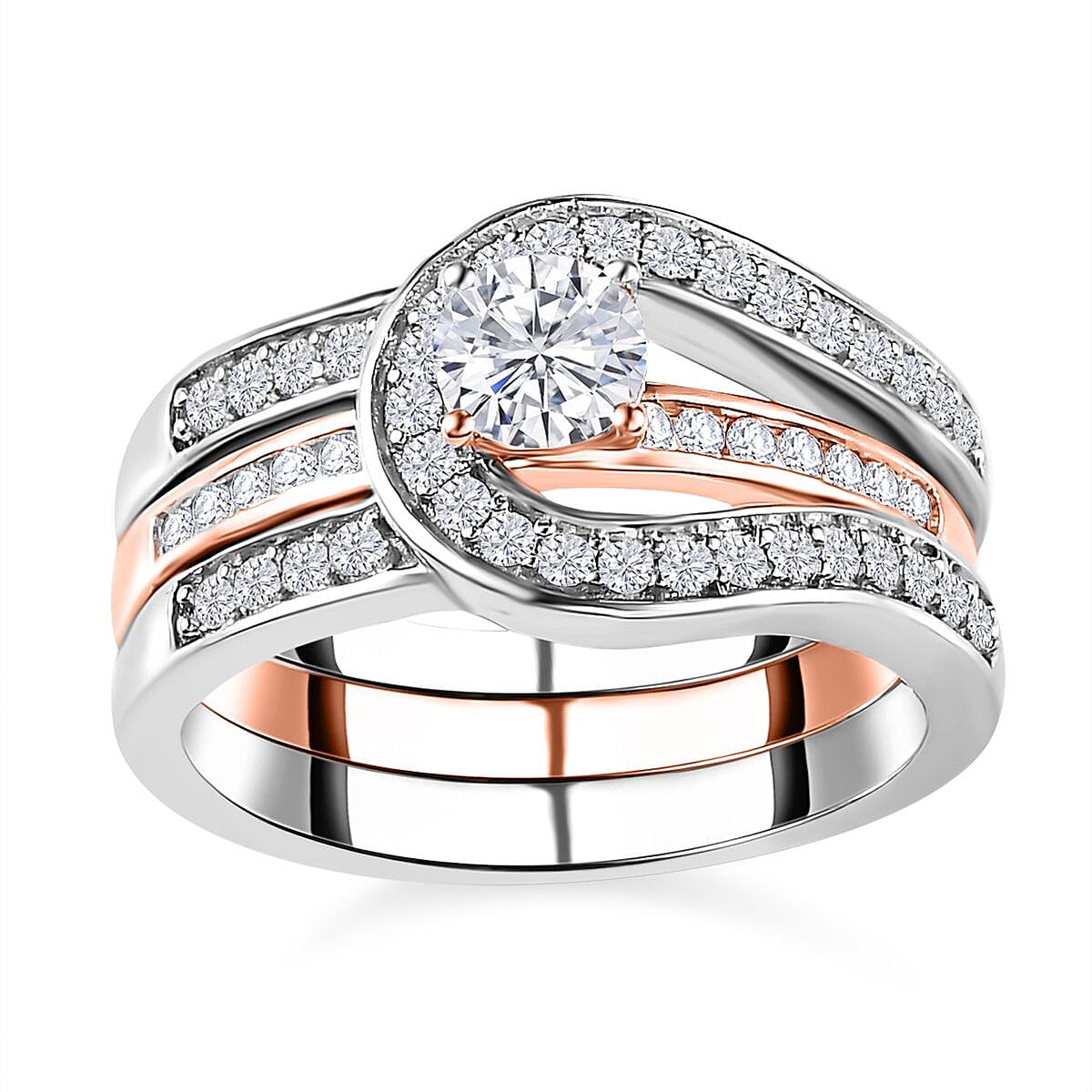 Buy Moissanite Set of Ring in Vermeil RG and Platinum Over