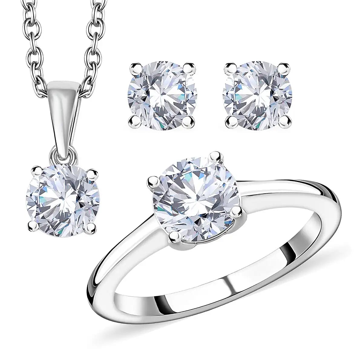 Moissanite Jewelry Set, Set of Moissanite Stud Earrings, Moissanite Solitaire Ring and Moissanite Pendant Necklace, Rhodium Over Sterling Silver Jewelry Set 2.35 ctw