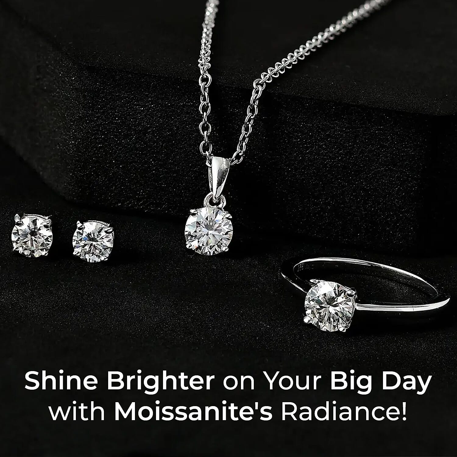 Moissanite Jewelry Set, Set of Moissanite Stud Earrings, Moissanite Solitaire Ring and Moissanite Pendant Necklace, Rhodium Over Sterling Silver Jewelry Set 2.35 ctw