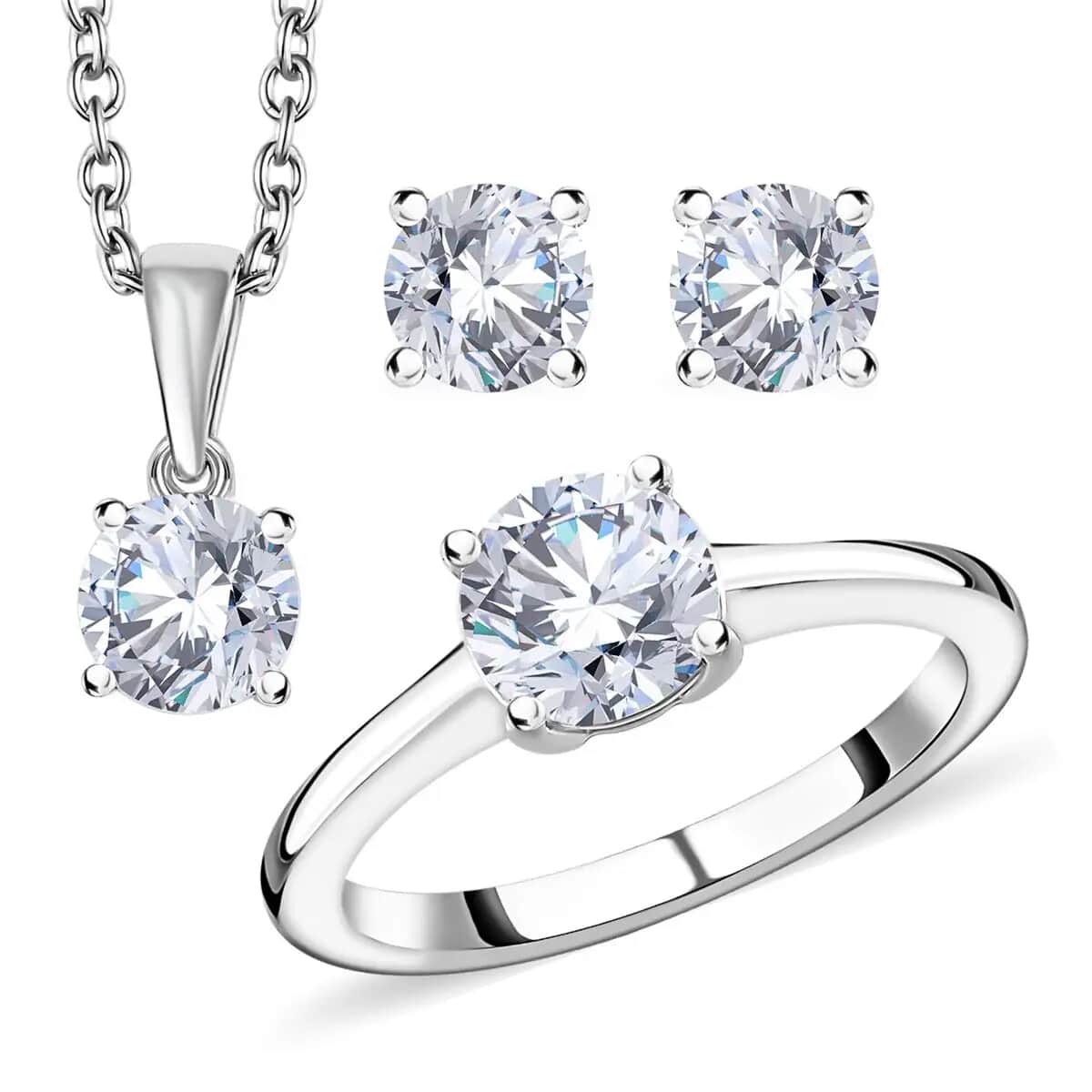 Moissanite Stud Earrings, Ring (Size 7.0) and Pendant Necklace 20 Inches in Rhodium Over Sterling Silver 2.35 ctw image number 0