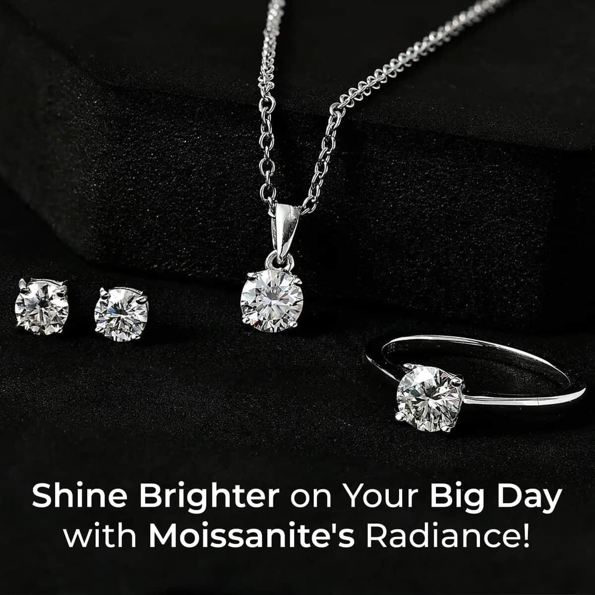 Moissanite Stud Earrings, Ring (Size 7.0) and Pendant Necklace 20 Inches in Rhodium Over Sterling Silver 2.35 ctw image number 1