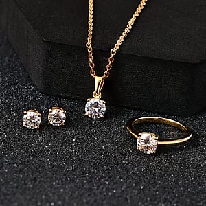 Moissanite Jewelry Set, Set of Moissanite Stud Earrings, Moissanite Solitaire Ring and Moissanite Pendant Necklace, Vermeil Yellow Gold Over Sterling Silver Jewelry Set 2.35 ctw