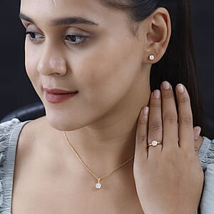Moissanite Jewelry Set, Set of Moissanite Stud Earrings, Moissanite Solitaire Ring and Moissanite Pendant Necklace, Vermeil Yellow Gold Over Sterling Silver Jewelry Set 2.35 ctw
