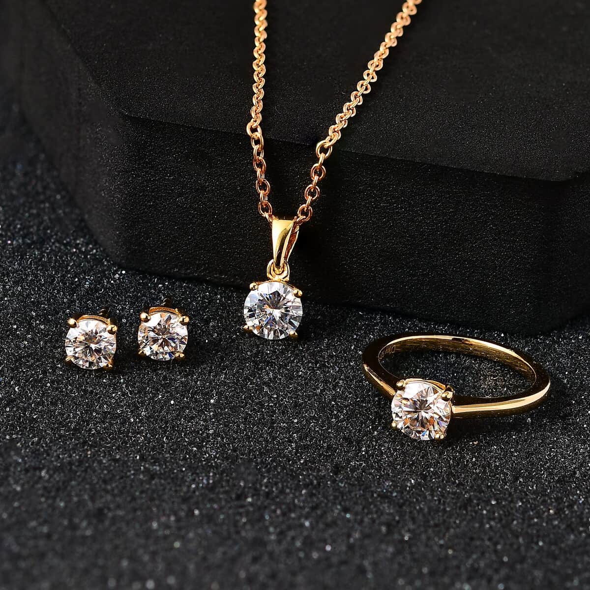 Moissanite Jewelry Set, Set of Moissanite Stud Earrings, Moissanite Solitaire Ring and Moissanite Pendant Necklace, Vermeil Yellow Gold Over Sterling Silver Jewelry Set 2.35 ctw image number 1
