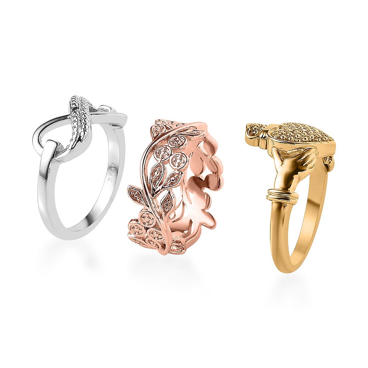 Ankurs Treasure Chest Karis Natural Champagne and White Diamond, Blue Diamond (IR) Accent Set of 3 Leafs, Claddagh, Infinity Ring in 18K YRG Plated and Platinum Bond (Size 5.0)
